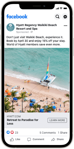 iPhone displaying a Facebook social retargeting ad for Hyatt Regency Wakiki Beach Resort and Spa